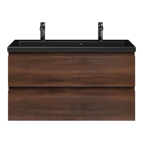 Bellanti Secca/Amelia ondiep badmeubel 100x36 2 softclose laden walnoot greeploos keramische wastafel mat zwart met 2 kraangaten