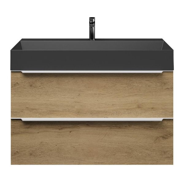 Bellanti Lucilla/Azzurra badmeubel 100x46 2 softclose laden warm eiken met greep naar keuze keramische wastafel zwart mat met 1 kraangat