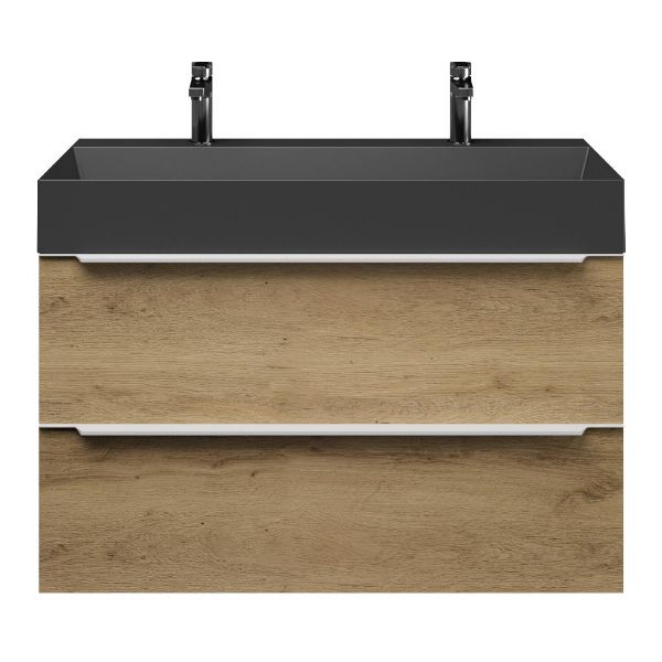 Bellanti Lucilla/Azzurra badmeubel 100x46 2 softclose laden warm eiken met greep naar keuze keramische wastafel zwart mat met 2 kraangaten