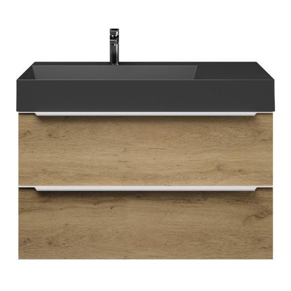 Bellanti Lucilla/Azzurra badmeubel 100x46 2 softclose laden warm eiken met greep naar keuze keramische wastafel links zwart mat met 1 kraangat