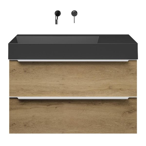 Bellanti Lucilla/Azzurra badmeubel 100x46 2 softclose laden warm eiken met greep naar keuze keramische wastafel links zwart mat zonder kraangaten