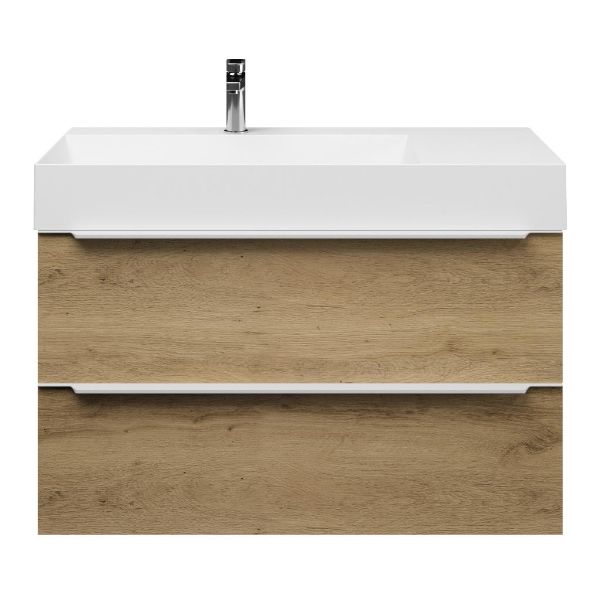 Bellanti Lucilla/Azzurra badmeubel 100x46 2 softclose laden warm eiken met greep naar keuze keramische wastafel links wit glans met 1 kraangat