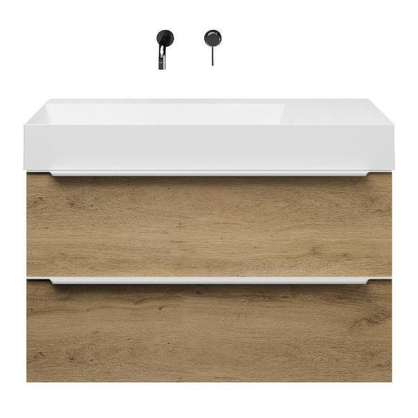 Bellanti Lucilla/Azzurra badmeubel 100x46 2 softclose laden warm eiken met greep naar keuze keramische wastafel links wit glans zonder kraangaten