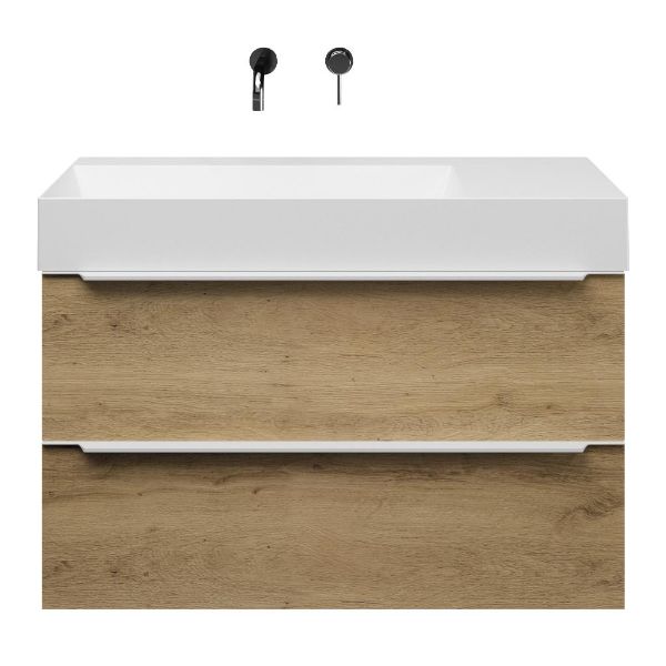 Bellanti Lucilla/Azzurra badmeubel 100x46 2 softclose laden warm eiken met greep naar keuze keramische wastafel links wit mat zonder kraangaten