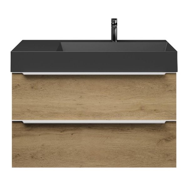 Bellanti Lucilla/Azzurra badmeubel 100x46 2 softclose laden warm eiken met greep naar keuze keramische wastafel rechts zwart mat met 1 kraangat