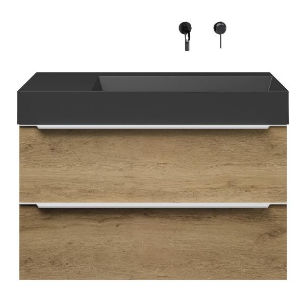 Bellanti Lucilla/Azzurra badmeubel 100x46 2 softclose laden warm eiken met greep naar keuze keramische wastafel rechts zwart mat zonder kraangaten