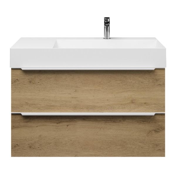 Bellanti Lucilla/Azzurra badmeubel 100x46 2 softclose laden warm eiken met greep naar keuze keramische wastafel rechts wit glans met 1 kraangat