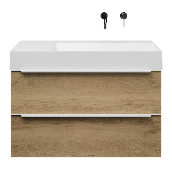 Bellanti Lucilla/Azzurra badmeubel 100x46 2 softclose laden warm eiken met greep naar keuze keramische wastafel rechts wit mat zonder kraangaten