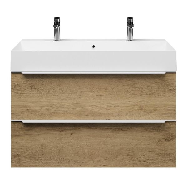 Bellanti Lucilla/Azzurra badmeubel 100x46 2 softclose laden warm eiken met greep naar keuze keramische wastafel wit glans met 2 kraangaten