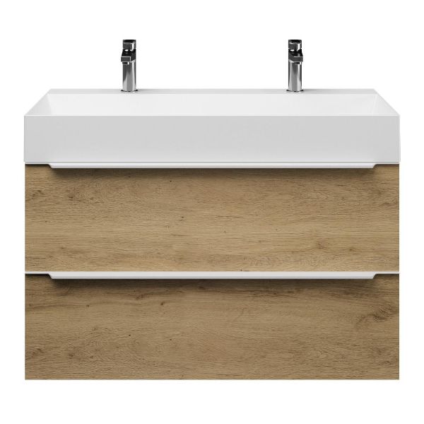 Bellanti Lucilla/Azzurra badmeubel 100x46 2 softclose laden warm eiken met greep naar keuze keramische wastafel wit mat met 2 kraangaten