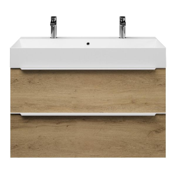 Bellanti Lucilla/Azzurra badmeubel 100x46 2 softclose laden warm eiken met greep naar keuze keramische wastafel wit mat met 2 kraangaten