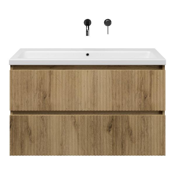 Bellanti Silvan/Amelia badmeubel 100x46 2 softclose laden met ribbel - latjes structuur warm eiken greeploos keramische wastafel wit mat zonder kraangat