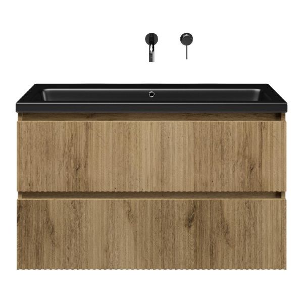 Bellanti Silvan/Amelia badmeubel 100x46 2 softclose laden met ribbel - latjes structuur warm eiken greeploos keramische wastafel mat zwart zonder kraangat