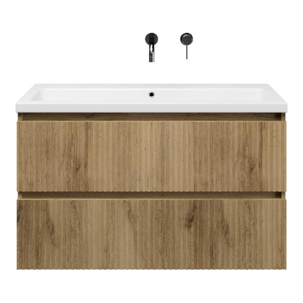 Bellanti Silvan/Amelia badmeubel 100x46 2 softclose laden met ribbel - latjes structuur warm eiken greeploos keramische wastafel wit glans zonder kraangat