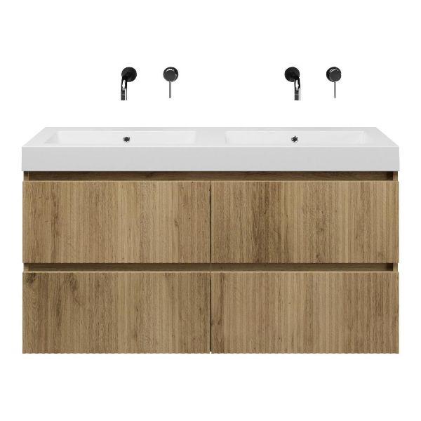 Bellanti Silvan/Esta-Q badmeubel 120x46 4 softclose laden met ribbel - latjes structuur warm eiken greeploos quartz wastafel dubbel mat wit zonder kraangaten