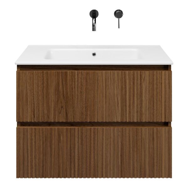 Bellanti Silvan/Etna badmeubel 80x46 2 softclose laden met ribbel - latjes structuur warm noten greeploos keramische wastafel wit zonder kraangaten