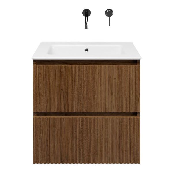 Bellanti Silvan/Etna badmeubel 60x46 2 softclose laden met ribbel - latjes structuur warm noten greeploos keramische wastafel wit zonder kraangaten