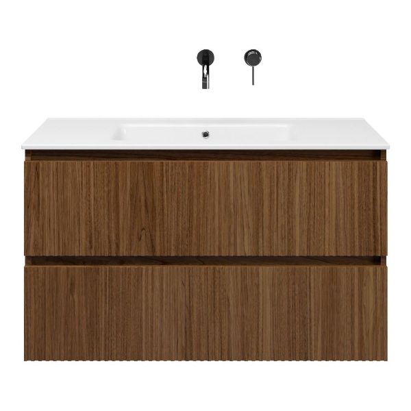 Bellanti Silvan/Etna badmeubel 100x46 2 softclose laden met ribbel - latjes structuur warm noten greeploos keramische wastafel wit zonder kraangat