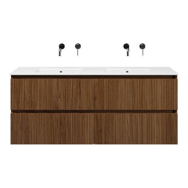 Bellanti Silvan/Etna badmeubel 140x46 4 softclose laden met ribbel - latjes structuur warm noten greeploos keramische wastafel dubbel wit zonder kraangat