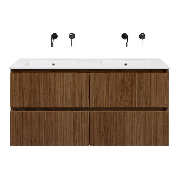Bellanti Silvan/Etna badmeubel 120x46 4 softclose laden met ribbel - latjes structuur warm noten greeploos keramische wastafel dubbel wit zonder kraangaten