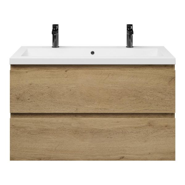 Bellanti Gisella/Esta badmeubel 100x46 2 softclose laden warm eiken greeploos polystone wastafel wit met 2 kraangaten