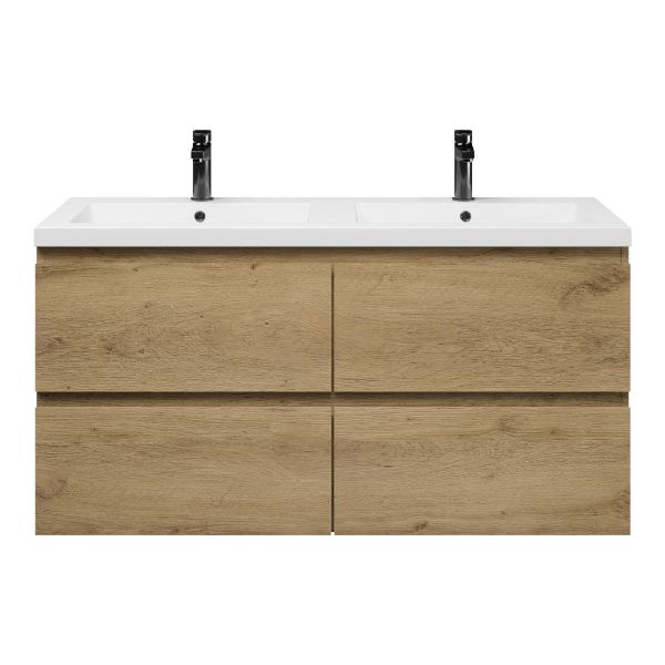 Bellanti Gisella/Esta badmeubel 120x46 4 softclose laden warm eiken greeploos polystone wastafel dubbel wit met 2 kraangaten