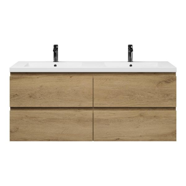 Bellanti Gisella/Esta badmeubel 140x46 4 softclose laden warm eiken greeploos polystone wastafel dubbel wit met 2 kraangaten