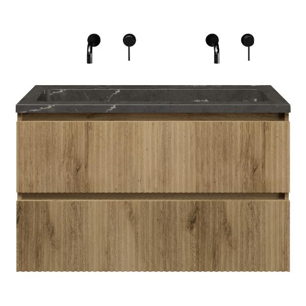 Bellanti Silvan/Square badmeubel 100x46 2 softclose laden met ribbel - latjes structuur warm eiken greeploos natuursteen wastafel blue stone zonder kraangaten