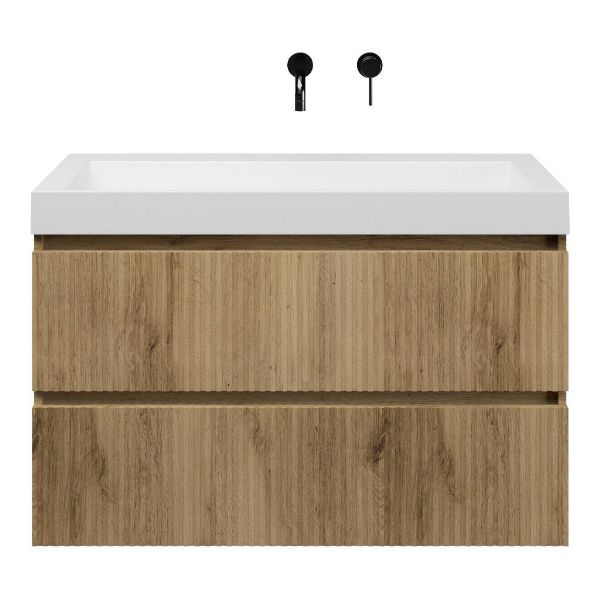Bellanti Silvan/Renzo badmeubel 100x46 2 softclose laden met ribbel - latjes structuur warm eiken greeploos polystone wastafel mat wit zonder kraangaten