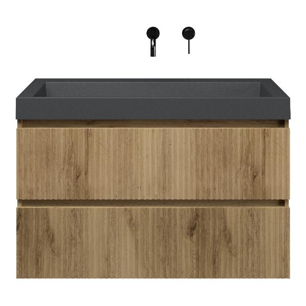 Bellanti Silvan/Renzo badmeubel 100x46 2 softclose laden met ribbel - latjes structuur warm eiken greeploos polystone wastafel mat grijs zonder kraangaten
