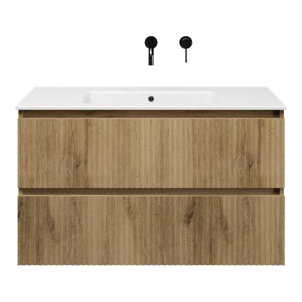 Bellanti Silvan/Etna badmeubel 100x46 2 softclose laden met ribbel - latjes structuur warm eiken greeploos keramische wastafel wit zonder kraangaten
