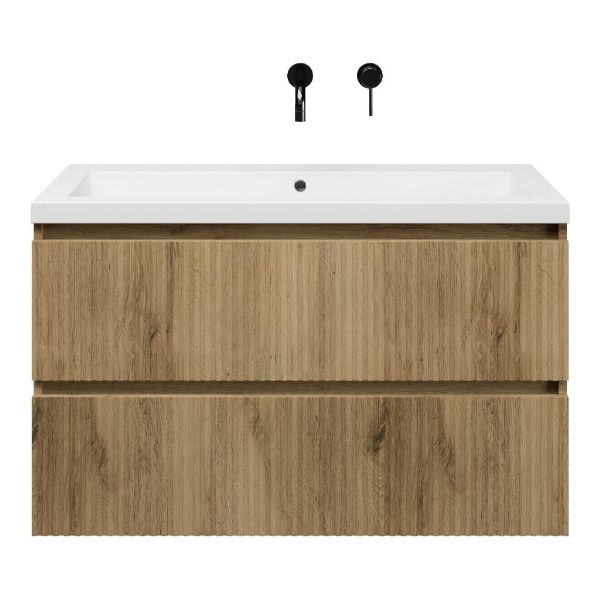 Bellanti Silvan/Esta badmeubel 100x46 2 softclose laden met ribbel - latjes structuur warm eiken greeploos polystone wastafel wit zonder kraangaten