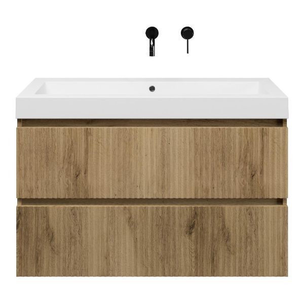 Bellanti Silvan/Esta badmeubel 100x46 2 softclose laden met ribbel - latjes structuur warm eiken greeploos polystone wastafel wit zonder kraangaten