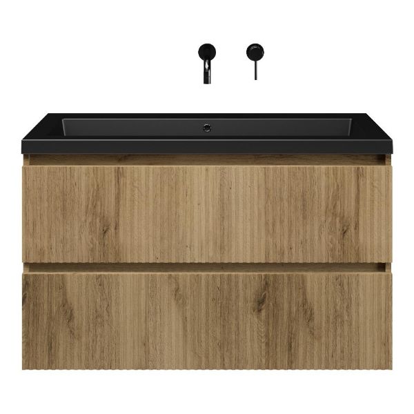Bellanti Silvan/Esta badmeubel 100x46 2 softclose laden met ribbel - latjes structuur warm eiken greeploos polystone wastafel mat zwart zonder kraangaten