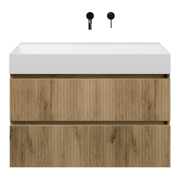 Bellanti Silvan/Azzurra badmeubel 100x46 2 softclose laden met ribbel - latjes structuur warm eiken greeploos keramische wastafel wit mat zonder kraangaten