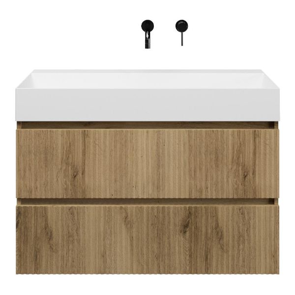 Bellanti Silvan/Azzurra badmeubel 100x46 2 softclose laden met ribbel - latjes structuur warm eiken greeploos keramische wastafel wit glans zonder kraangaten
