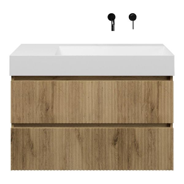 Bellanti Silvan/Azzurra badmeubel 100x46 2 softclose laden met ribbel - latjes structuur warm eiken greeploos keramische wastafel rechts wit mat zonder kraangaten