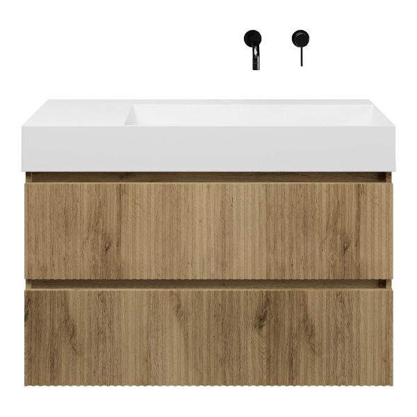 Bellanti Silvan/Azzurra badmeubel 100x46 2 softclose laden met ribbel - latjes structuur warm eiken greeploos keramische wastafel rechts wit glans zonder kraangat