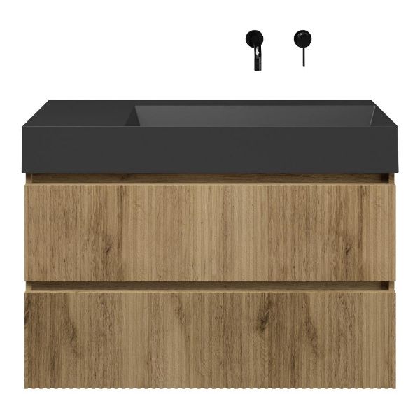 Bellanti Silvan/Azzurra badmeubel 100x46 2 softclose laden met ribbel - latjes structuur warm eiken greeploos keramische wastafel rechts zwart mat zonder kraangaten