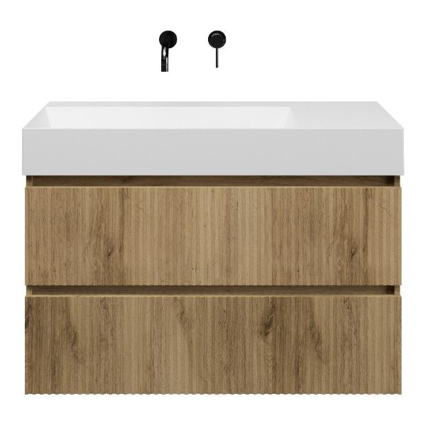 Bellanti Silvan/Azzurra badmeubel 100x46 2 softclose laden met ribbel - latjes structuur warm eiken greeploos keramische wastafel links wit mat zonder kraangaten