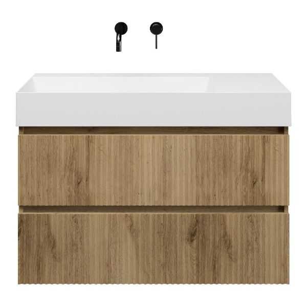 Bellanti Silvan/Azzurra badmeubel 100x46 2 softclose laden met ribbel - latjes structuur warm eiken greeploos keramische wastafel links wit glans zonder kraangaten