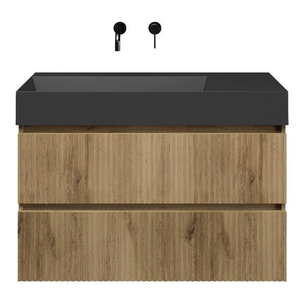 Bellanti Silvan/Azzurra badmeubel 100x46 2 softclose laden met ribbel - latjes structuur warm eiken met ribbel - latjes structuur greeploos keramische wastafel links zwart mat zonder kraangaten