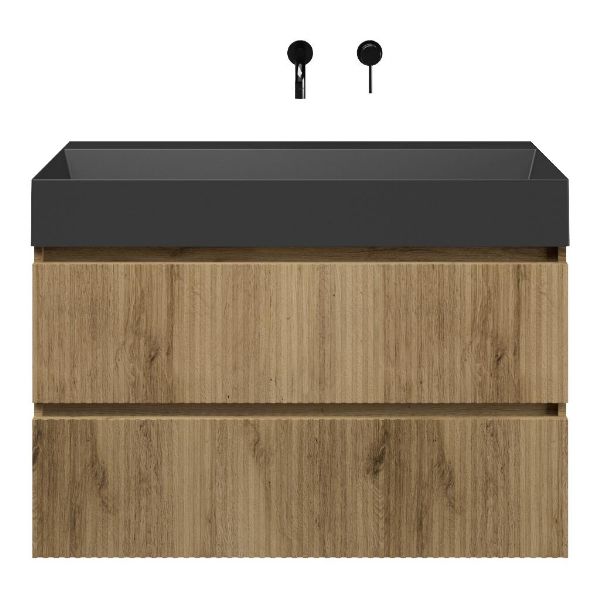 Bellanti Silvan/Azzurra badmeubel 100x46 2 softclose laden met ribbel - latjes structuur warm eiken greeploos keramische wastafel zwart mat zonder kraangaten