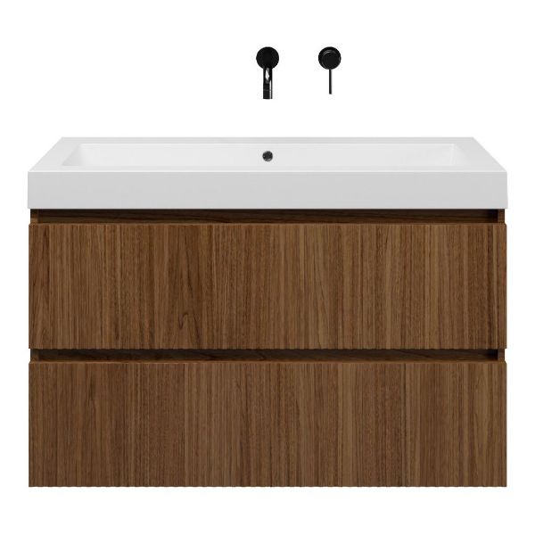 Bellanti Silvan/Esta-Q badmeubel 100x46 2 softclose laden warm noten met ribbel - latjes structuurmet ribbel - latjes structuur warm noten greeploos quartz wastafel mat wit zonder kraangaten