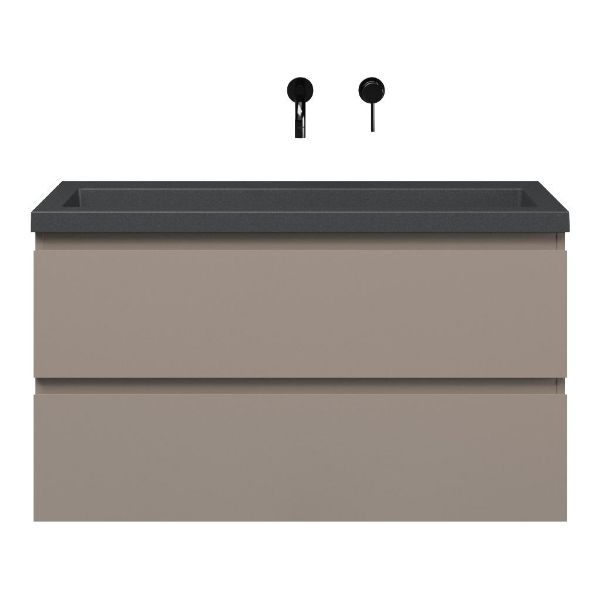 Bellanti Secca/Esta-Q ondiep badmeubel 100x36 2 softclose laden taupe greeploos met quartz wastafel mat grijs zonder kraangat zonder overloop