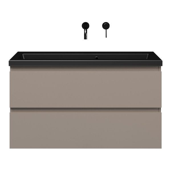Bellanti Secca/Amelia ondiep badmeubel 100x36 2 softclose laden taupe greeploos keramische wastafel mat zwart zonder kraangaten