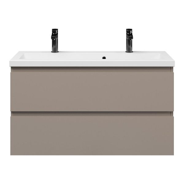 Bellanti Secca/Amelia ondiep badmeubel 100x36 2 softclose laden taupe greeploos keramische wastafel wit met 2 kraangaten