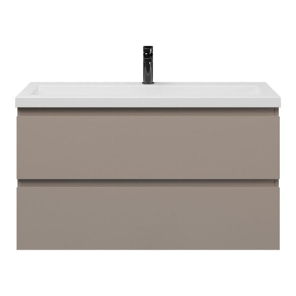Bellanti Secca/Esta-Q ondiep badmeubel 100x36 2 softclose laden taupe greeploos met quartz wastafel mat wit met 1 kraangat zonder overloop