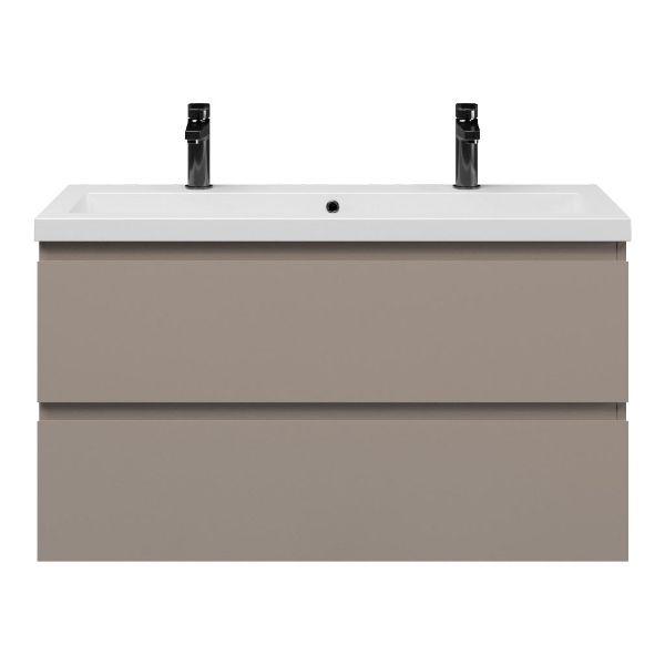 Bellanti Secca/Esta ondiep badmeubel 100x36 2 softclose laden taupe greeploos met wastafel mat wit met 2 kraangaten met overloop