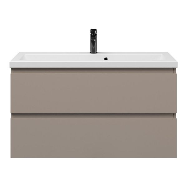 Bellanti Secca/Amelia ondiep badmeubel 100x36 2 softclose laden taupe greeploos keramische wastafel mat wit met 1 kraangat